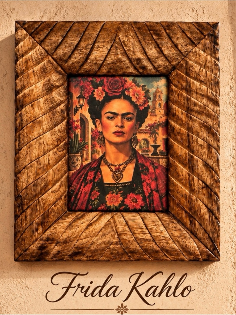 Frida Kahlo in Hand-Carved Wood Frame